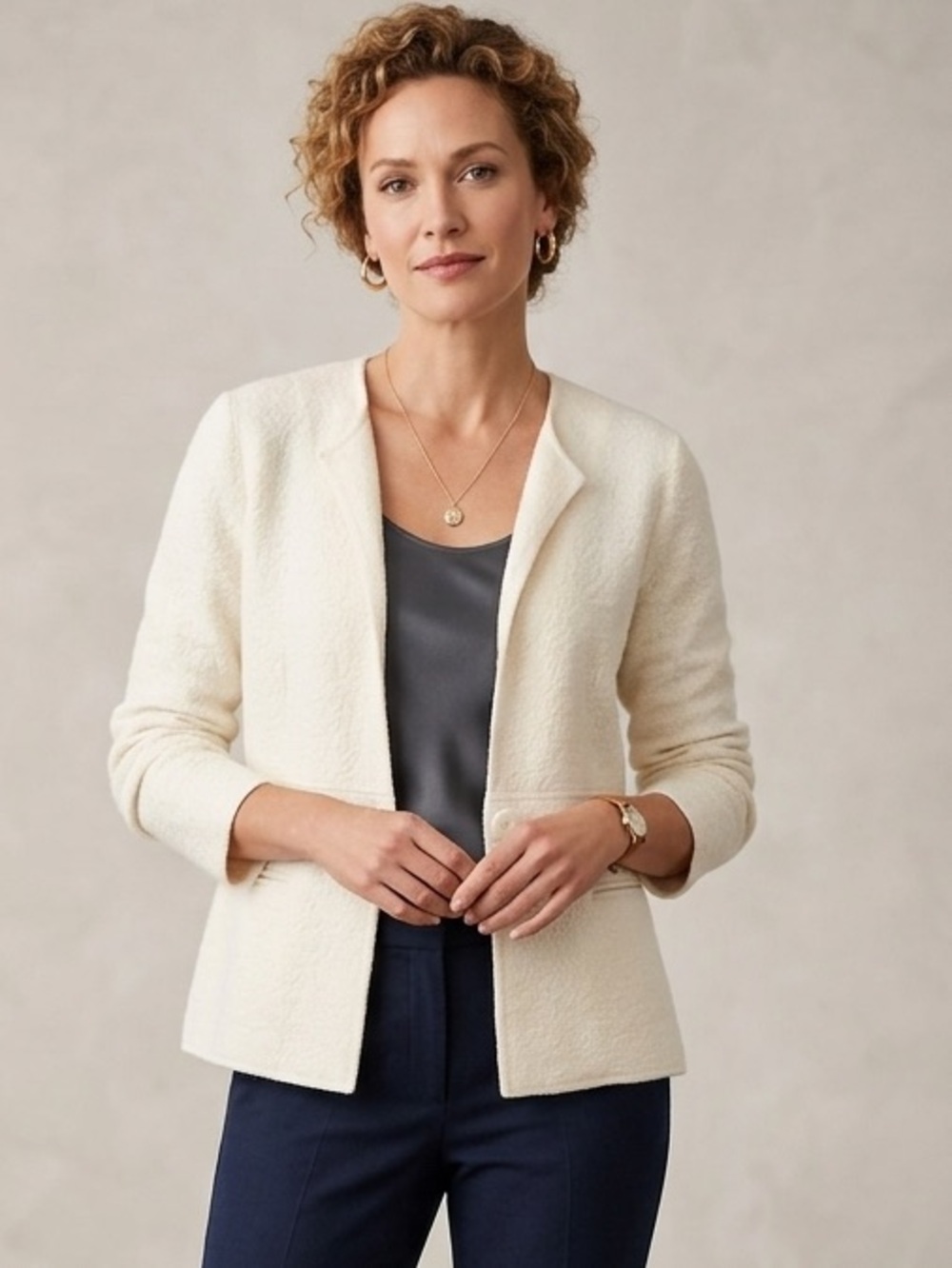 Talbots Cream Minimalist‎ 100% Wool Textured Single Button Blazer Size S NWOT